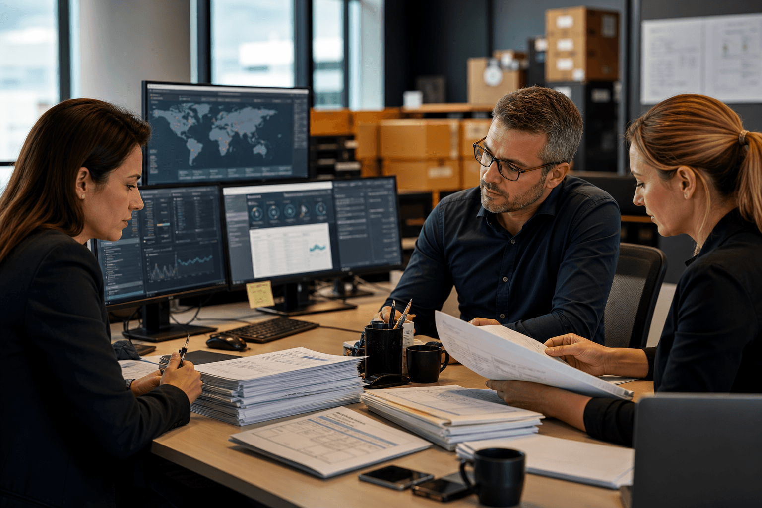 Logistics team reviewing shipment documents and dashboards