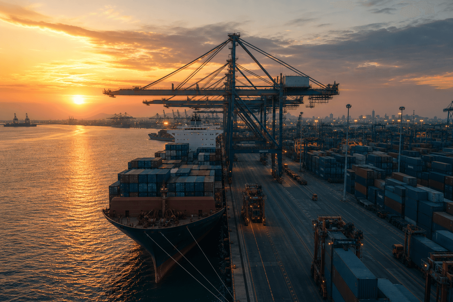 Container port at dusk with cargo ship and cranes